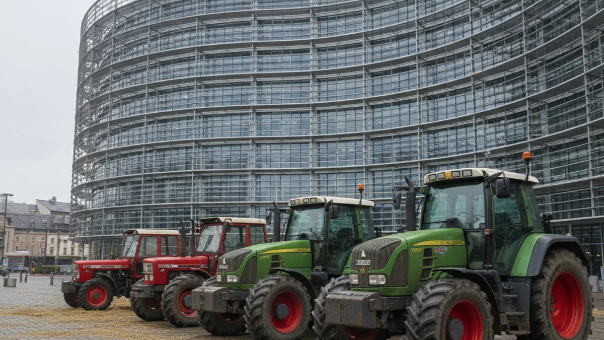 Representación genérica de tractores concentrados frente a un edificio institucional europeo.