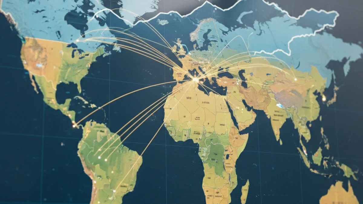 Representación visual de un mapa con rutas internacionales y puntos clave de promoción turística.