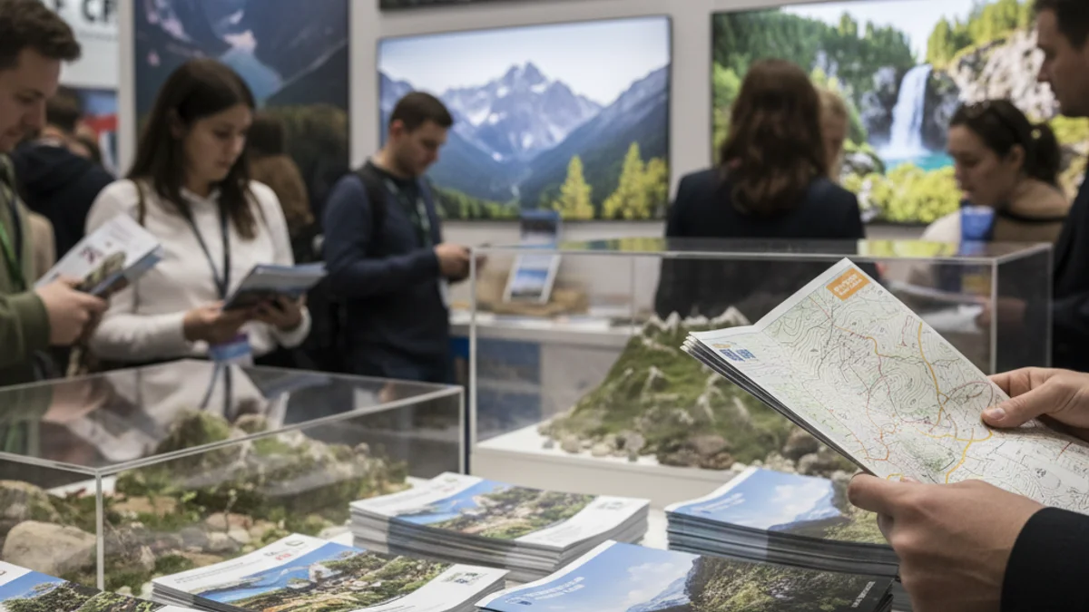 Imagen genérica de un stand de promoción turística con mapas y folletos en una feria internacional.