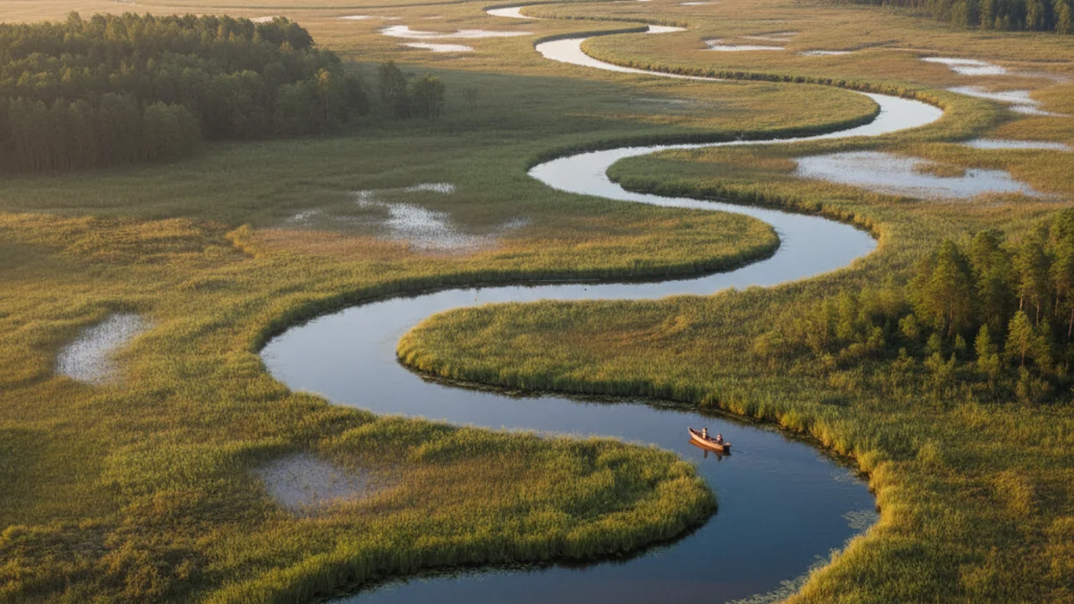Representación visual de un paisaje natural protegido con agua y vegetación, simbolizando la sostenibilidad turística.