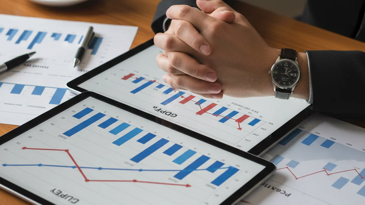 Gráficos financieros y manos trabajando con documentos que representan el crecimiento económico de la eurozona.
