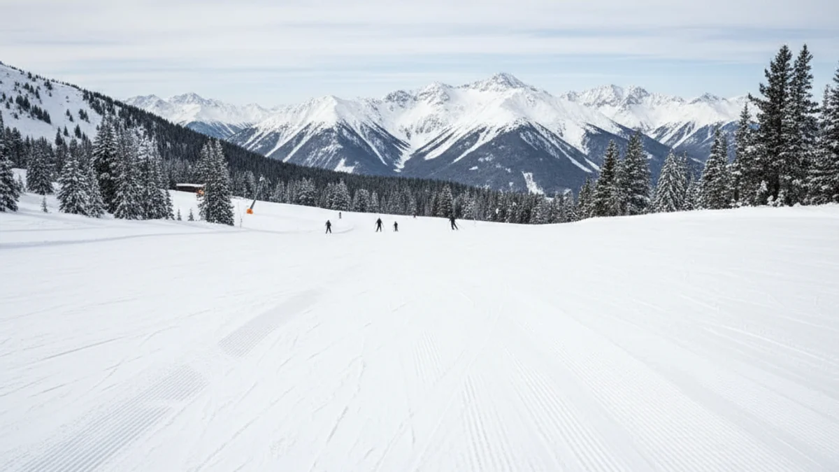 Vista general de una pista de esquí con nieve abundante y figuras borrosas de esquiadores disfrutando de la jornada.