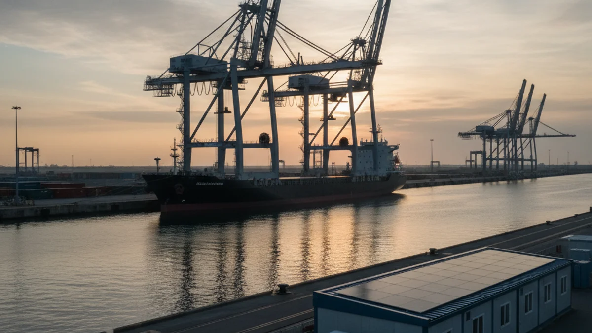Barco de carga o crucero atracado en el puerto con infraestructuras industriales al fondo, simbolizando la transición energética.
