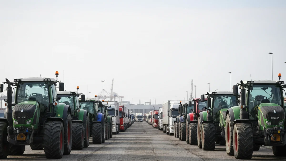 Vista de un acceso portuario bloqueado por tractores durante una protesta agrícola, con camiones detenidos.