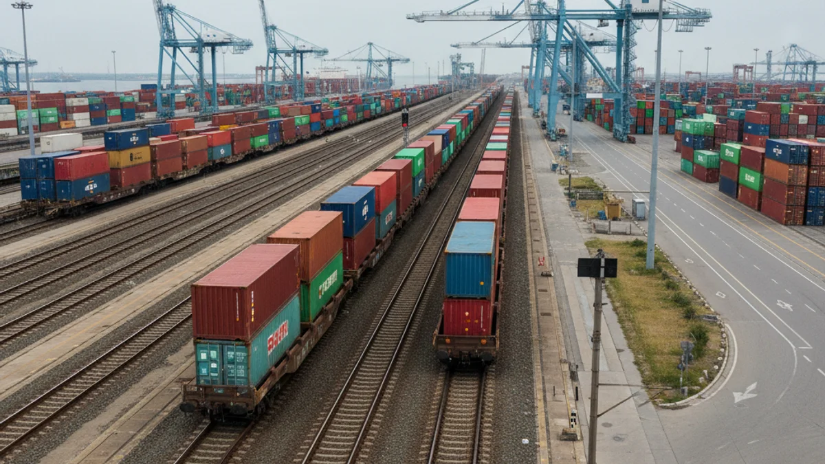 Imagen genérica de vagones de tren de mercancías detenidos cerca de una terminal portuaria.