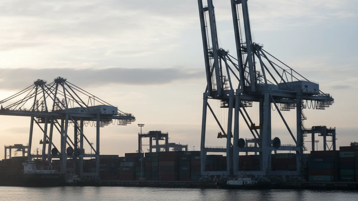 Imagen genérica de un puerto comercial con grúas y contenedores al amanecer, simbolizando la actividad logística.