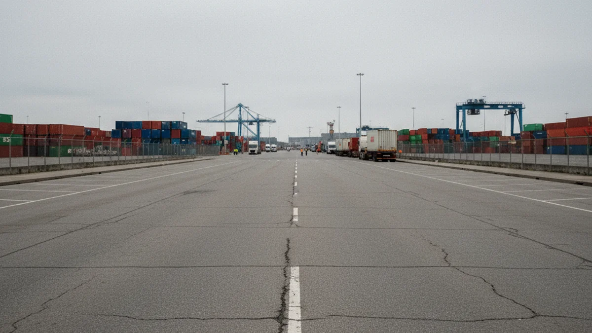 Vista de una carretera de acceso vacía a una terminal portuaria, simbolizando la interrupción logística.