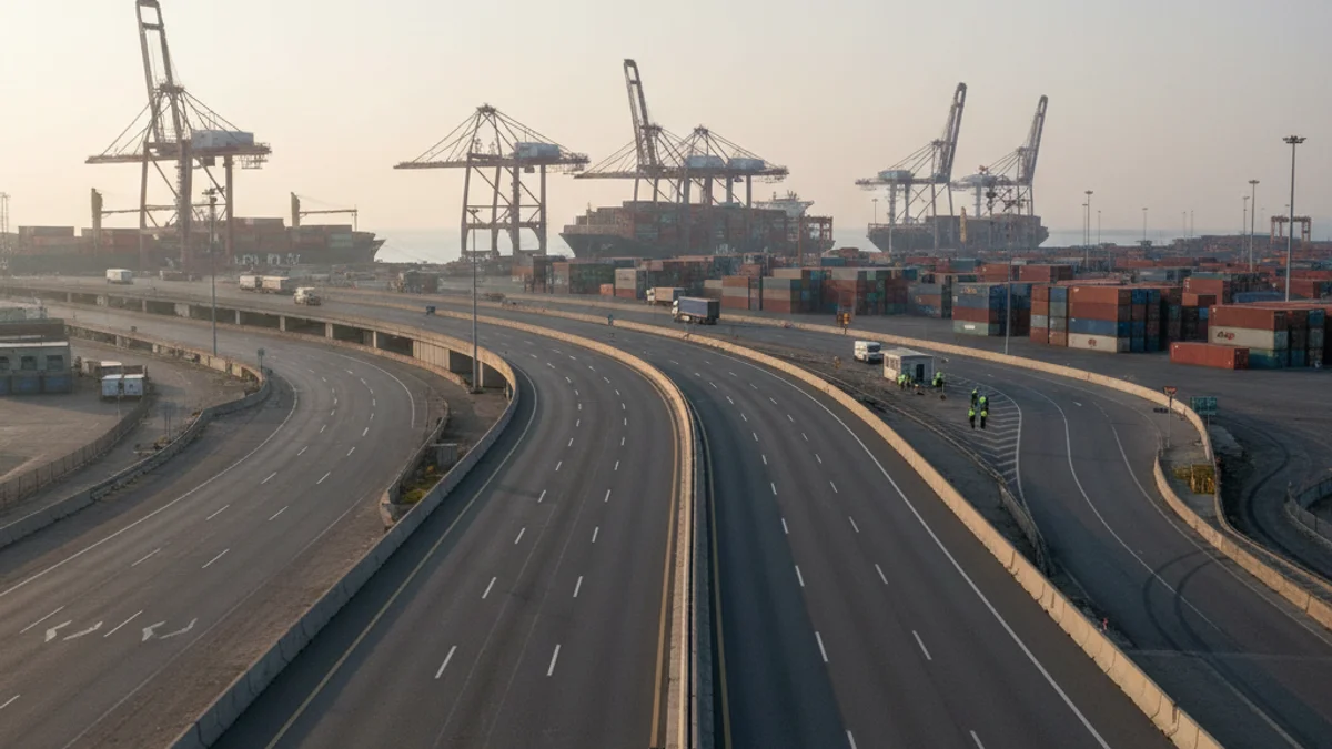 Imagen genérica de una carretera de acceso a un puerto industrial con poco tráfico de camiones debido a un bloqueo.