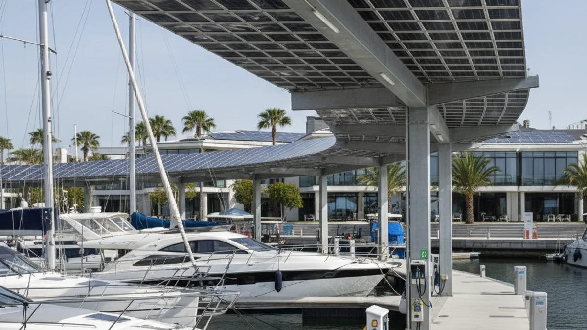 Barcos amarrados en un puerto deportivo con paneles solares visibles, simbolizando la transición energética marítima.