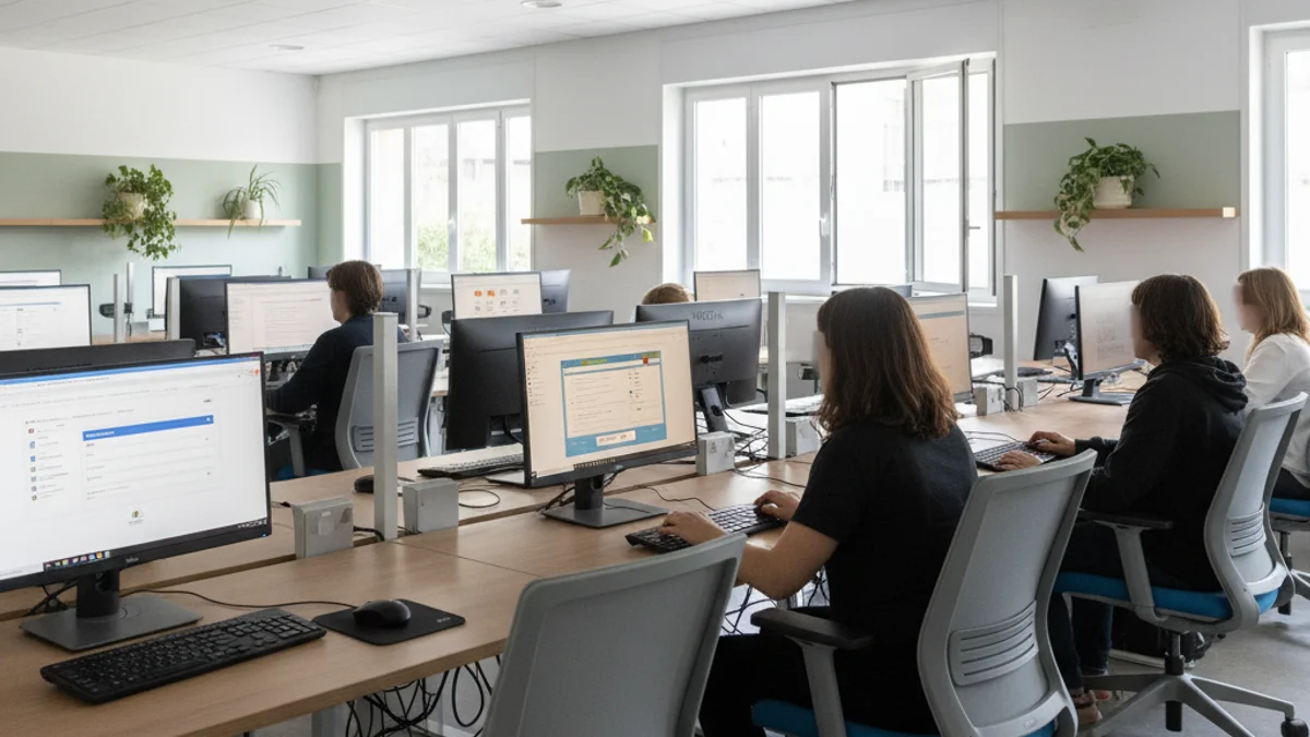 Imagen genérica de un espacio de formación digital con ordenadores y figuras humanas trabajando en silueta.