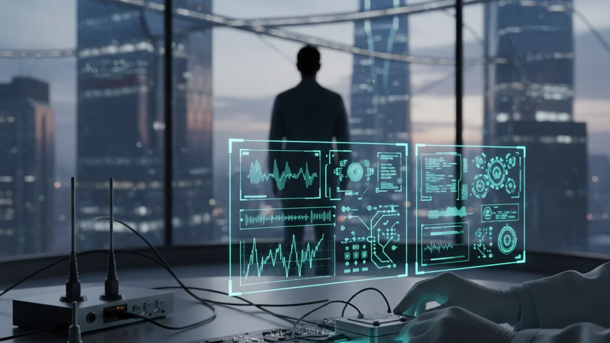 Representación abstracta de un entorno de pruebas tecnológicas o un laboratorio de innovación urbana.