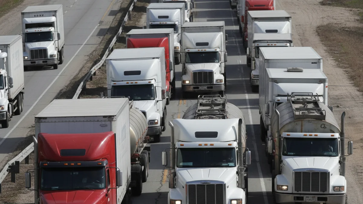 Imagen genérica de camiones circulando por una vía alternativa congestionada debido a un corte de autopista.