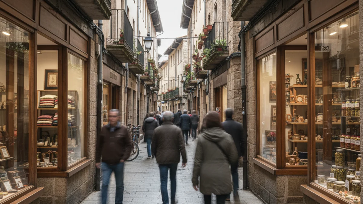 Vista de una calle comercial con gente paseando y escaparates, simbolizando la dinamización económica local.