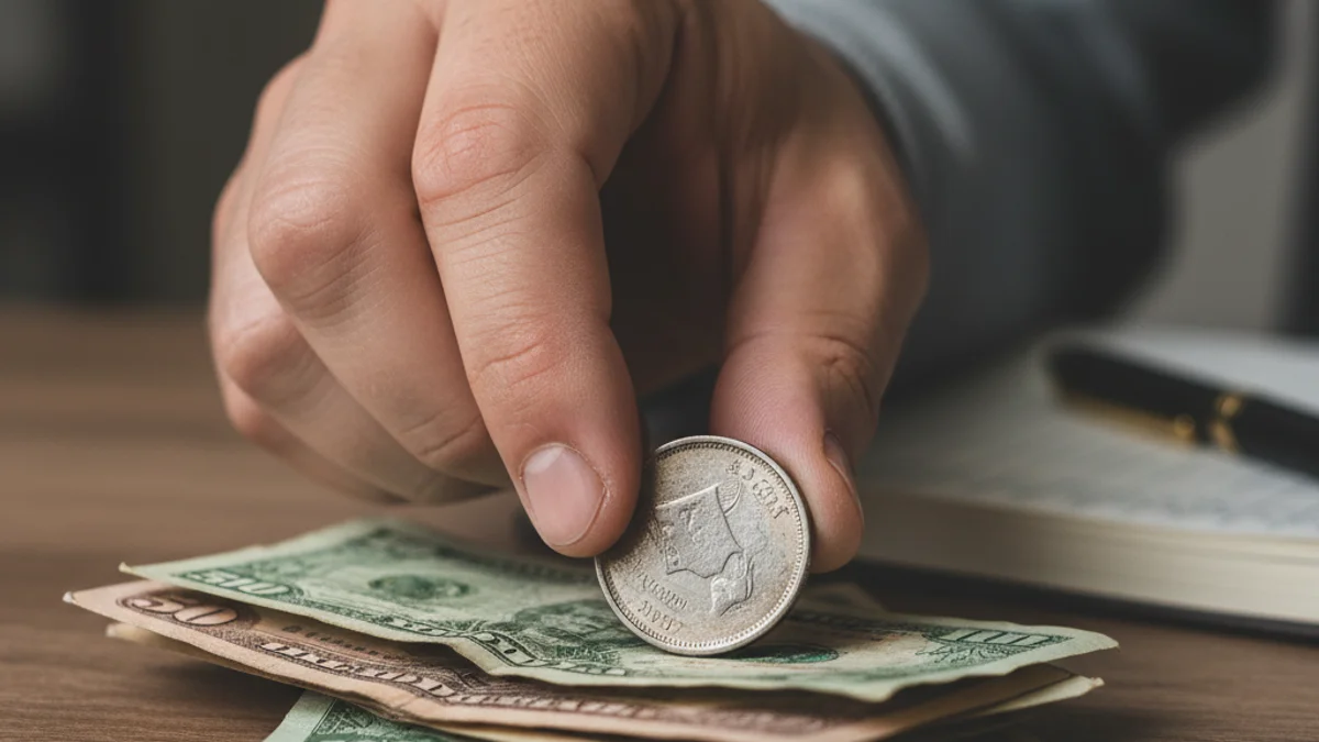 Una mano colocando monedas sobre una pila de billetes, simbolizando el aumento de impuestos y la recaudación.