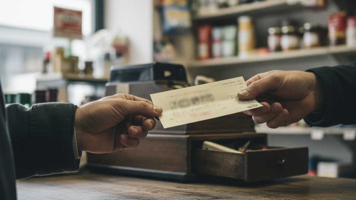 Una mano sosteniendo un paquete de vales o bonos de descuento en una tienda de ropa o accesorios.