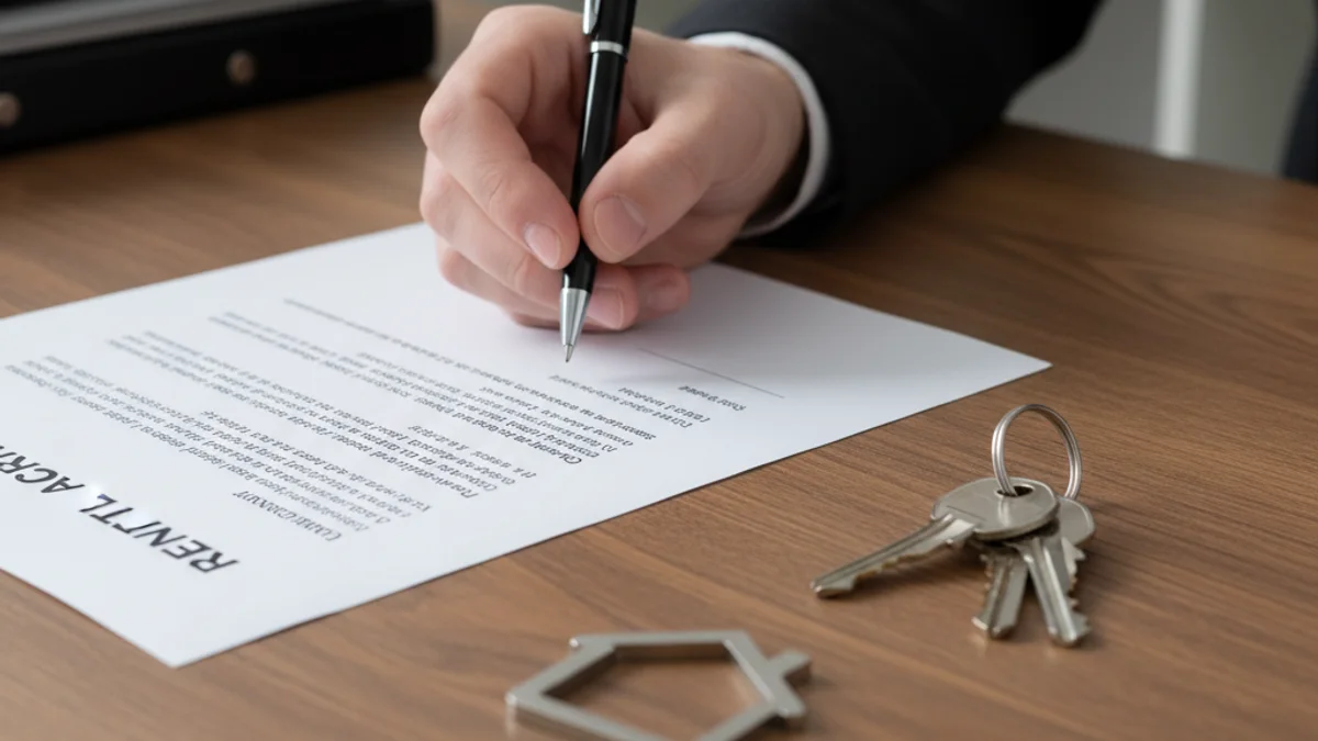 Una mano firmando un contrato de alquiler sobre una mesa, con las llaves de una vivienda cerca.