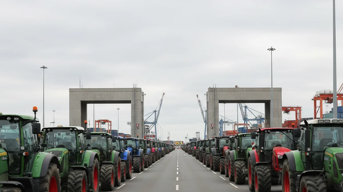Vista de una hilera de tractores bloqueando el acceso a una infraestructura portuaria o industrial, con figuras borrosas de manifestantes al fondo.