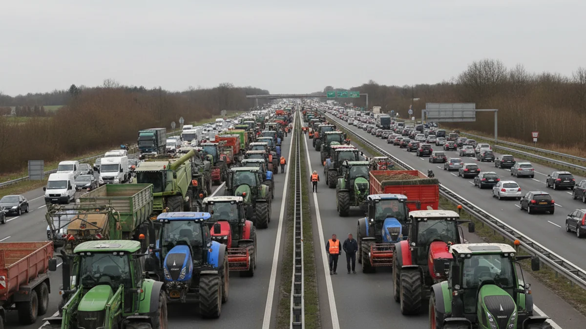 Vista general de una autopista bloqueada por vehículos agrícolas durante una protesta del sector primario.