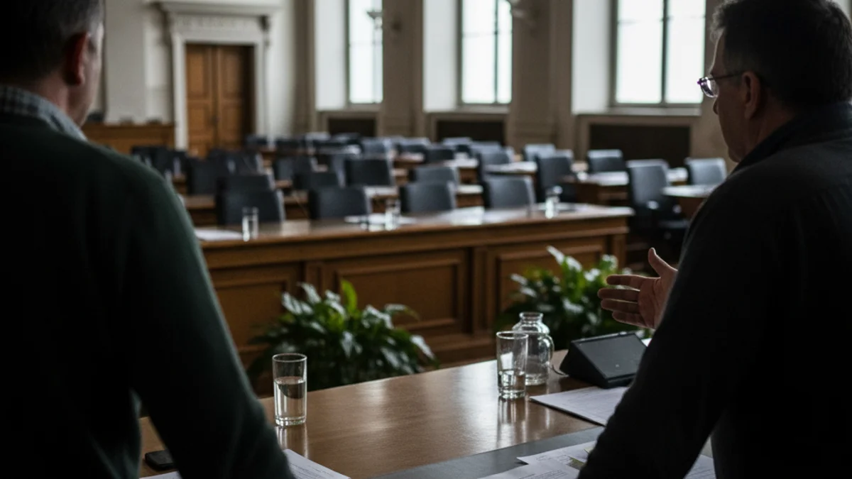 Ganaderos reunidos en una comisión parlamentaria o en una granja, con figuras borrosas en un contexto de debate agrícola.