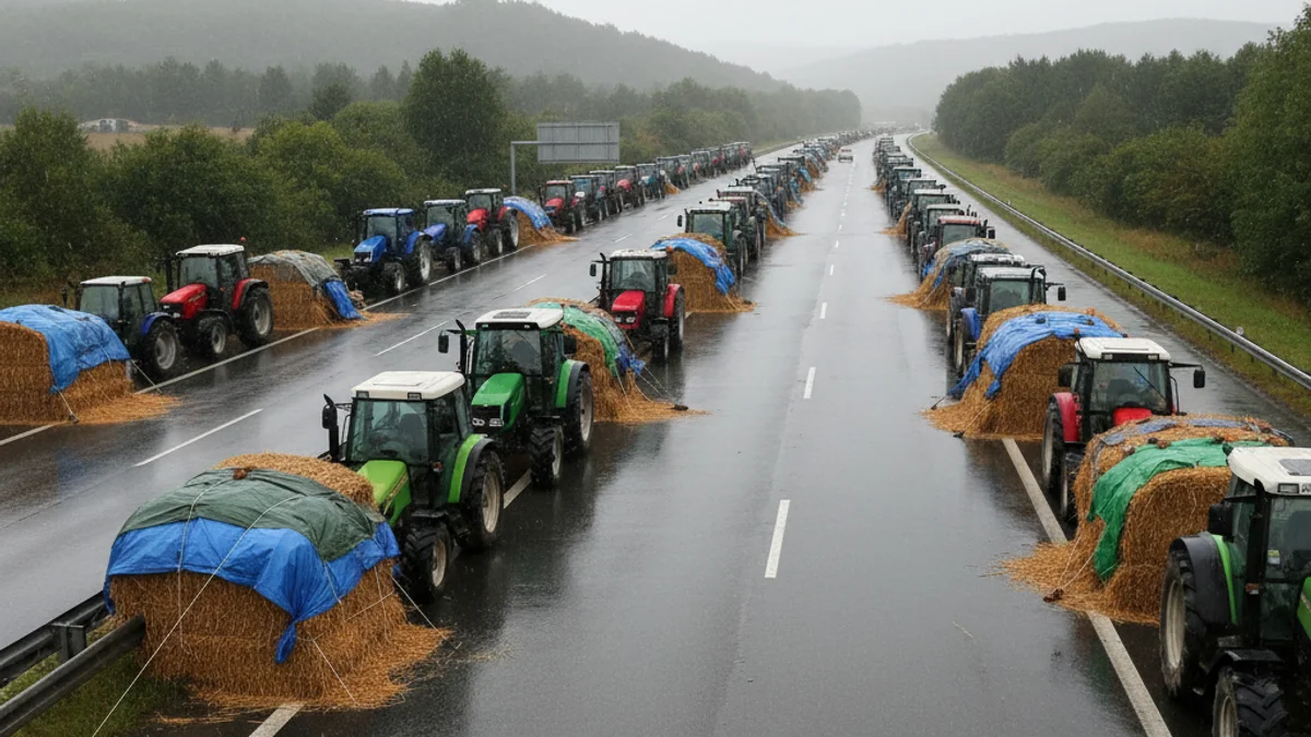 Vista de un grupo de manifestantes bajo cobertizos improvisados hechos con paja y velas en medio de una autopista cortada.