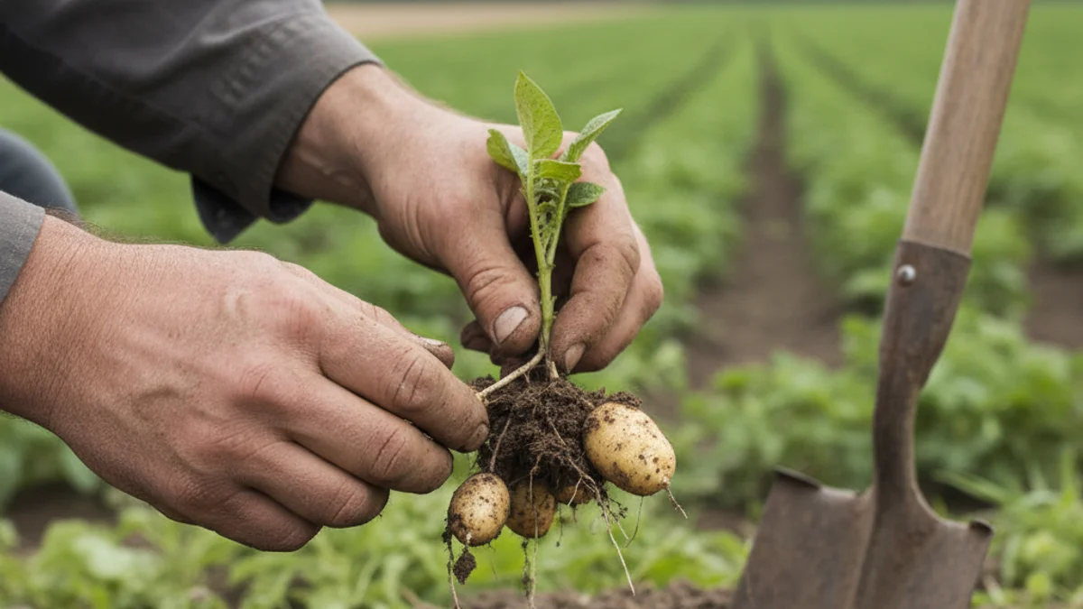 Manos de un agricultor inspeccionando una cosecha o un campo, simbolizando el sector primario y las negociaciones.