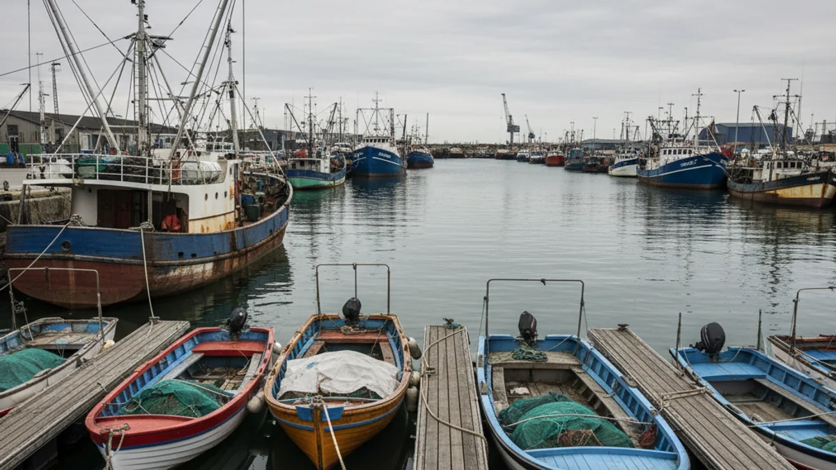 Barcos de pesca amarrados en el puerto durante una jornada de huelga, con las redes recogidas.