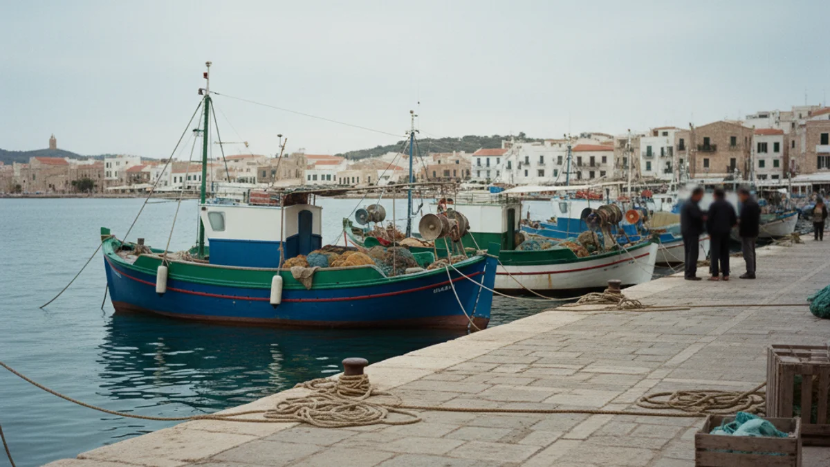 Barcos de pesca amarrados en el puerto durante una jornada de huelga o protesta.