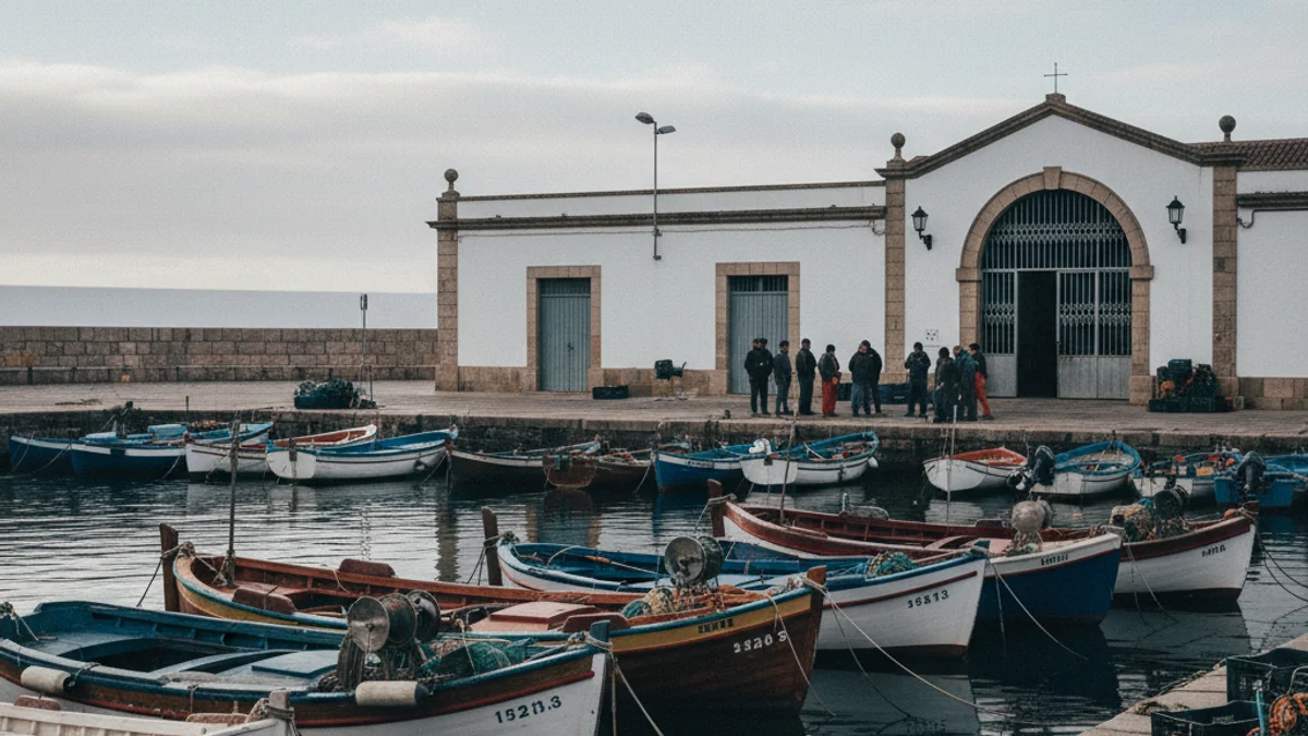 Pescadores en un puerto, con barcos de arrastre amarrados y las lonjas cerradas en señal de protesta.