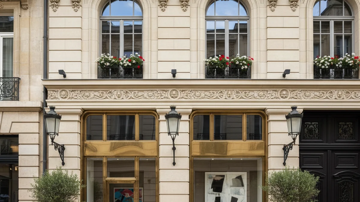 Fachada de un edificio histórico rehabilitado con elementos de lujo en un barrio céntrico de Barcelona.