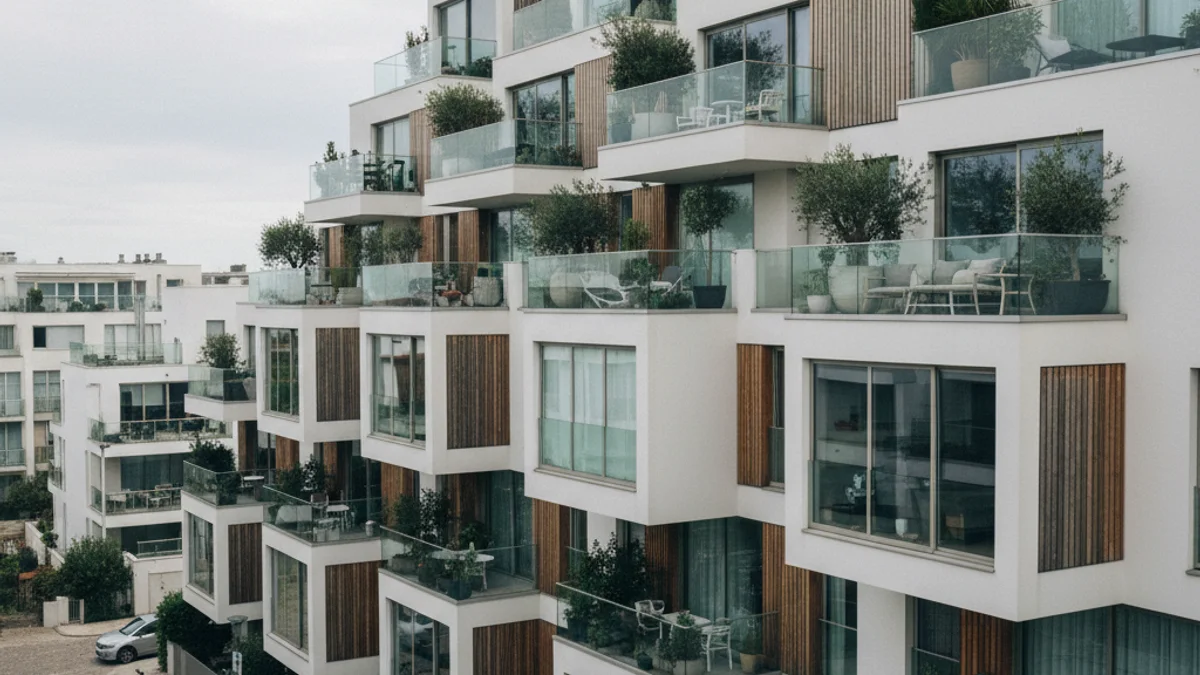 Imagen genérica de un barrio residencial moderno con bloques de apartamentos, simbolizando el mercado inmobiliario.