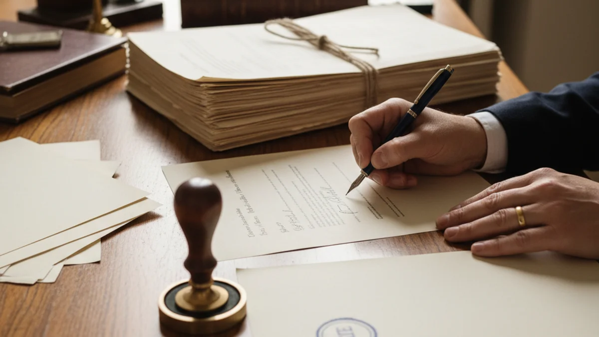 Imagen genérica de documentos legales o testamentos apilados sobre una mesa de madera en una notaría.