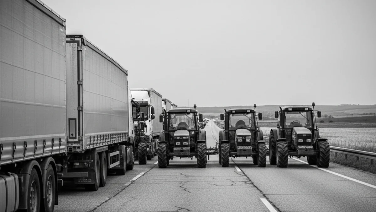 Camiones detenidos en una autopista debido a un bloqueo de tractores agrícolas en una protesta.