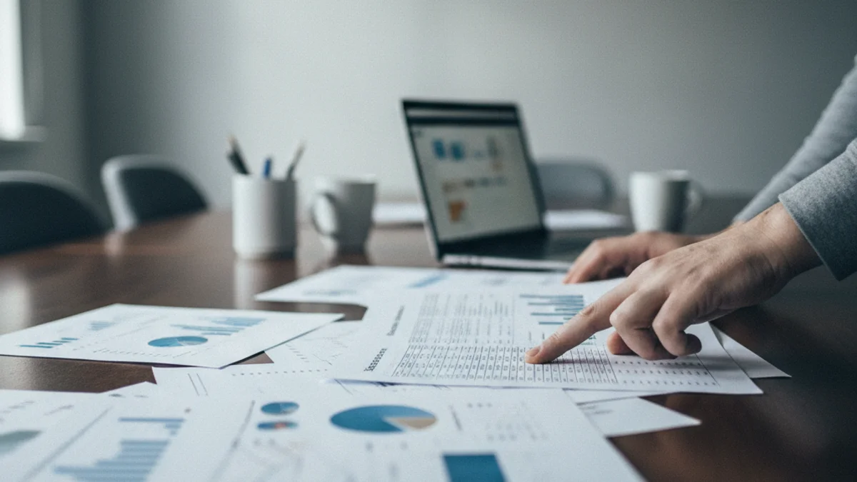 Representación genérica de una sala de juntas o de una oficina bancaria moderna, con documentos financieros sobre una mesa.