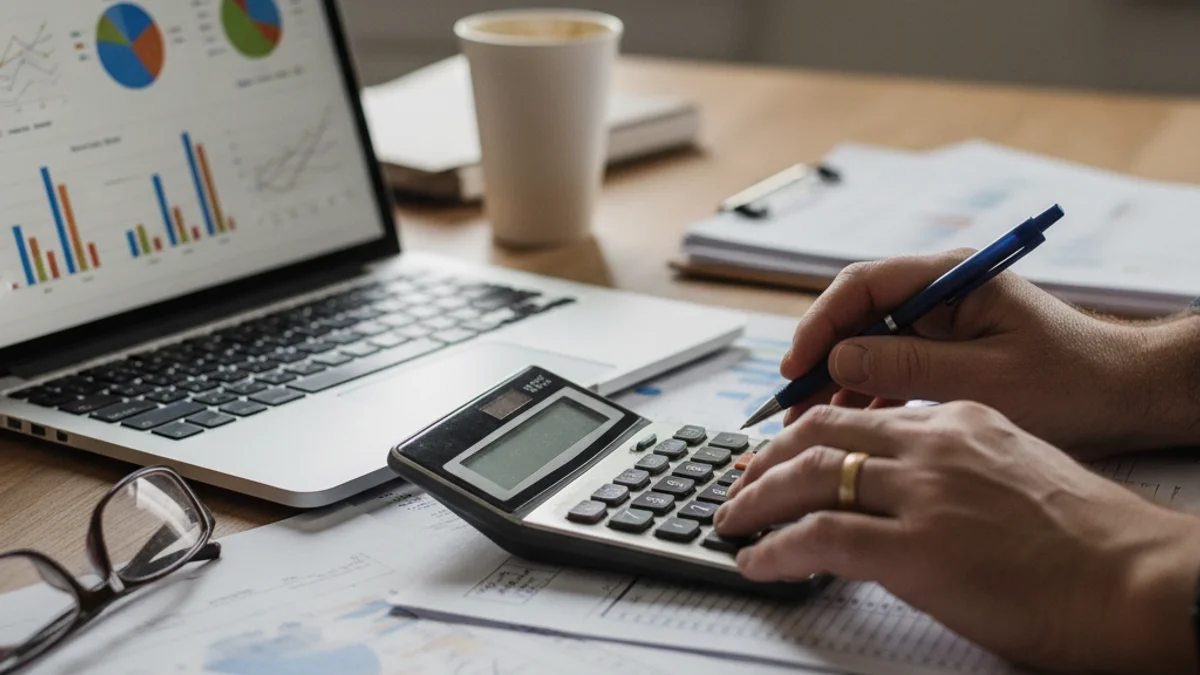 Una persona revisando documentos financieros y una calculadora sobre una mesa, simbolizando la gestión presupuestaria.