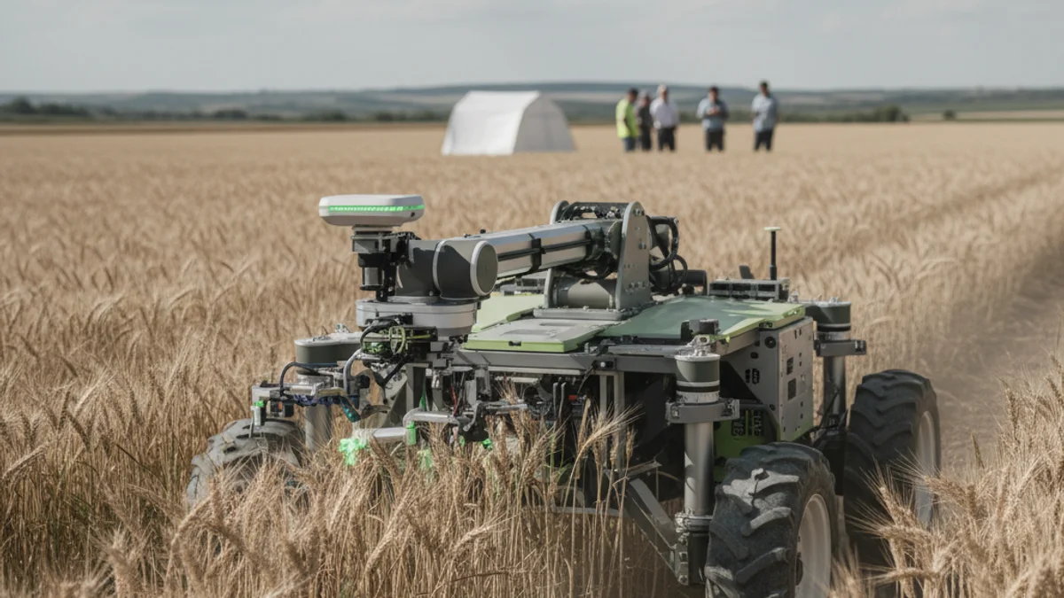 Imagen de un robot agrícola autónomo trabajando en un campo de cultivo con sensores y drones.