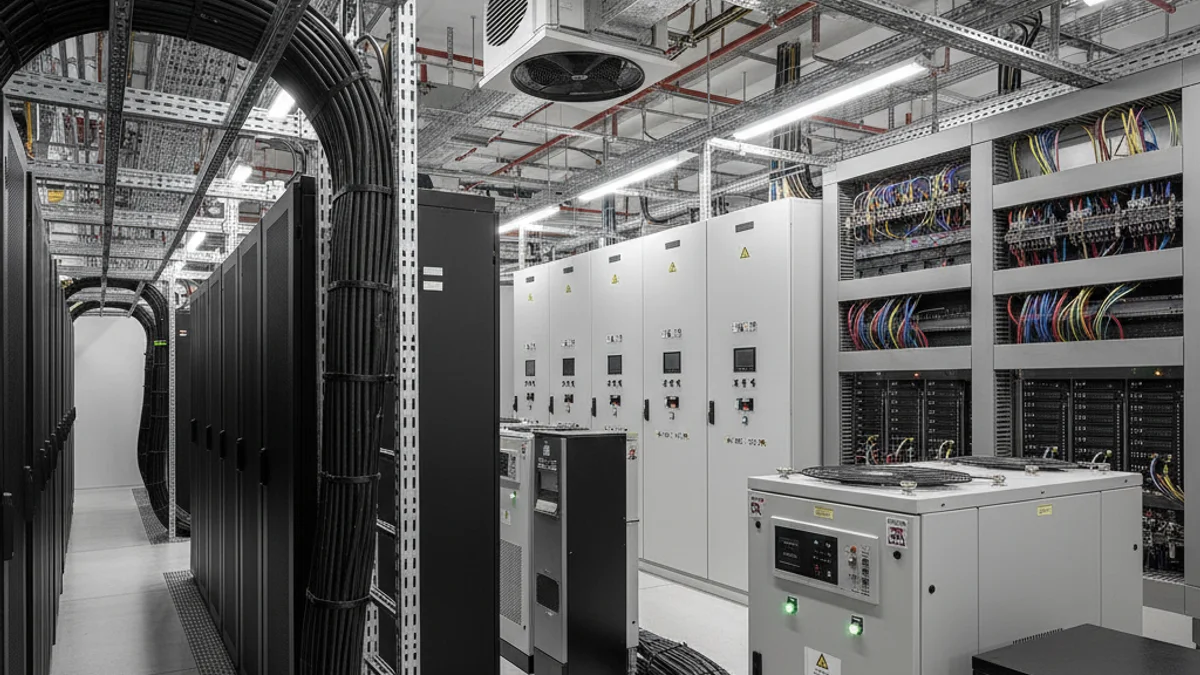 Representación visual de una infraestructura de centro de datos con servidores y cableado complejo.