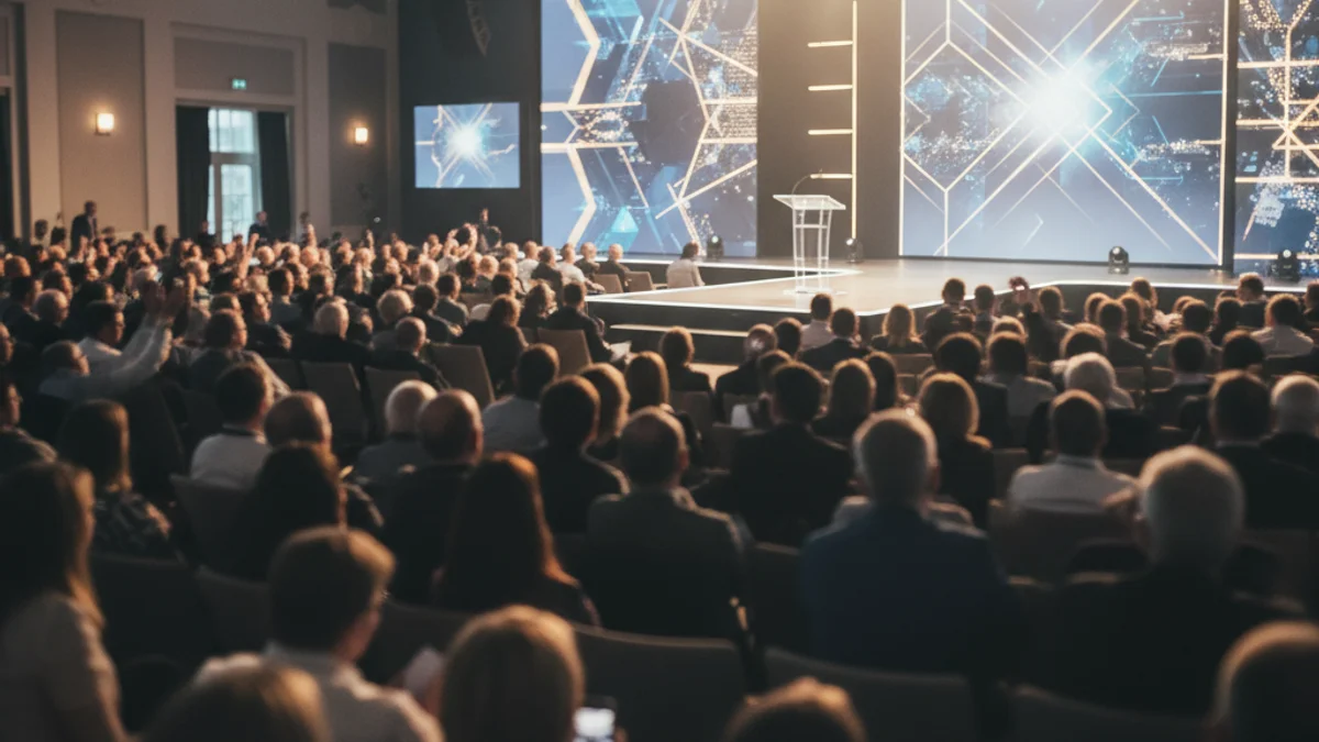Imagen genérica de un evento de premios con siluetas de personas y un podio iluminado.