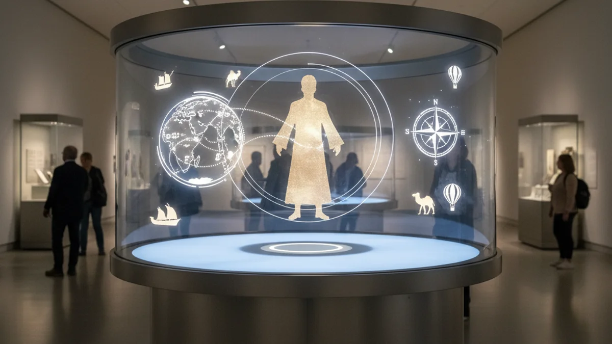 Representación visual de una plataforma de inteligencia artificial aplicada al turismo, con elementos históricos y digitales.