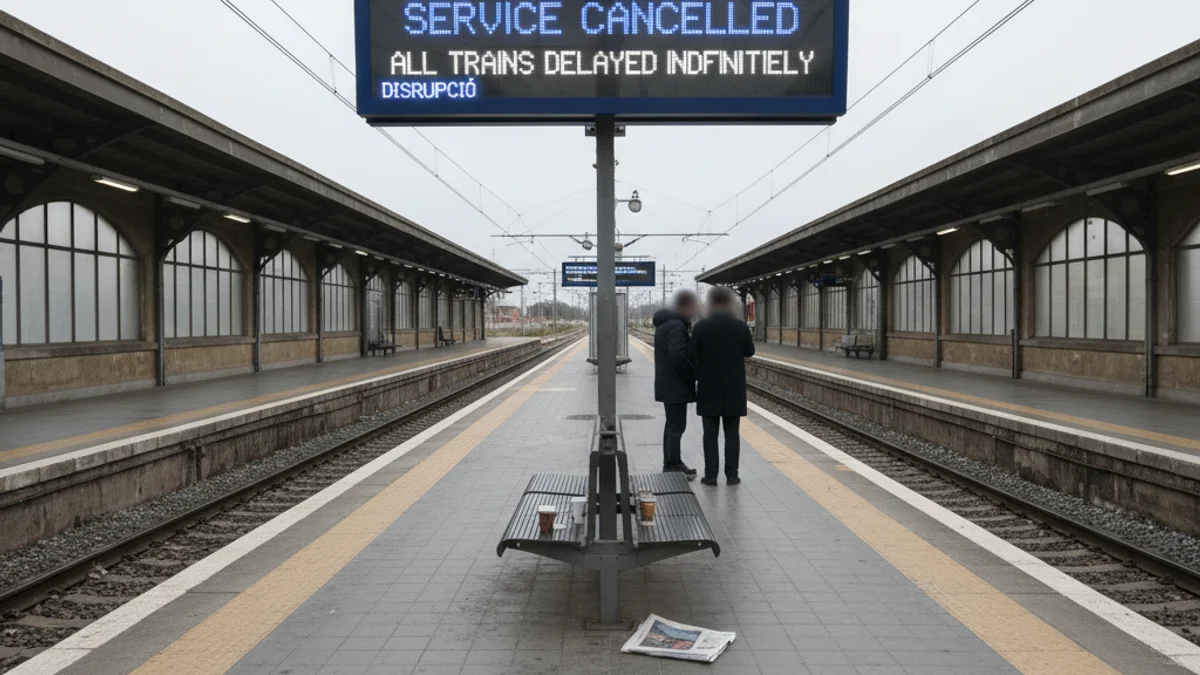 Imagen genérica de viajeros esperando en una estación de tren vacía con carteles de aviso de suspensión del servicio.
