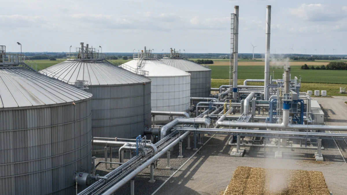 Vista genérica de una planta industrial de tratamiento de residuos o biogás con humos y tanques.