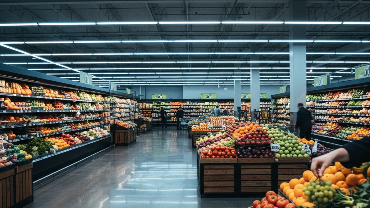 Vista interior de un pasillo amplio de un supermercado moderno con productos frescos.