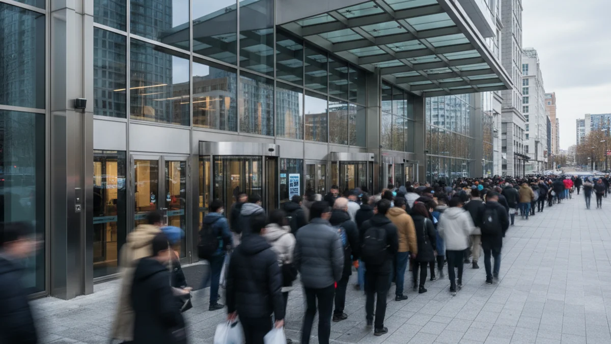 Imagen genérica de la entrada de una gran superficie comercial con siluetas de personas haciendo cola.