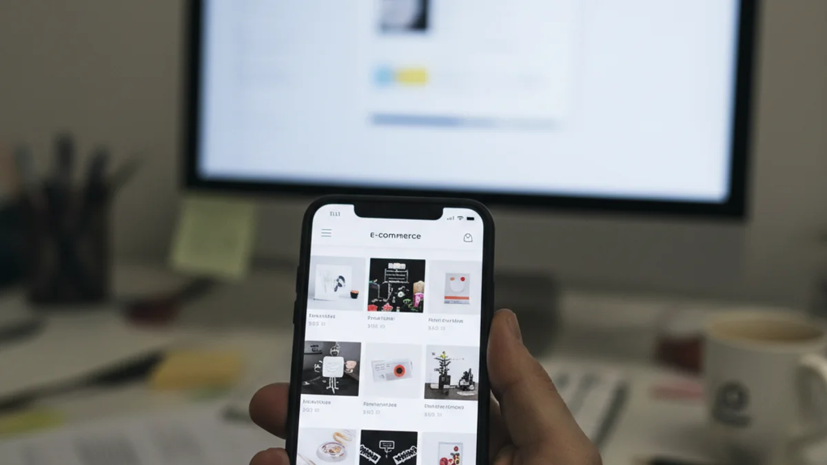 Representación visual de la interacción entre un teléfono móvil y un ordenador, simbolizando la transición del tráfico web a las aplicaciones móviles.