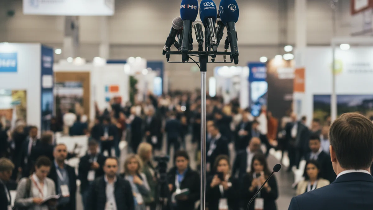 Una silueta de persona hablando ante un micrófono en un stand de feria de turismo.