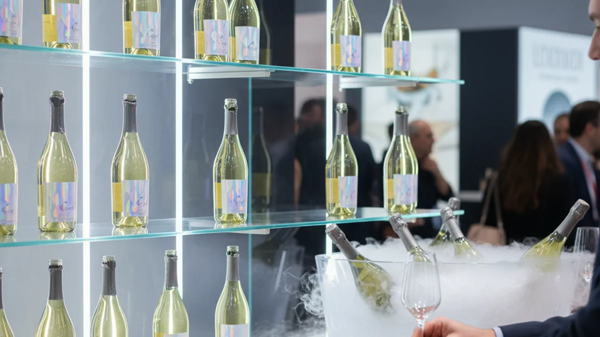Botellas de cava y vino espumoso expuestas en un stand profesional durante una feria de vinos.