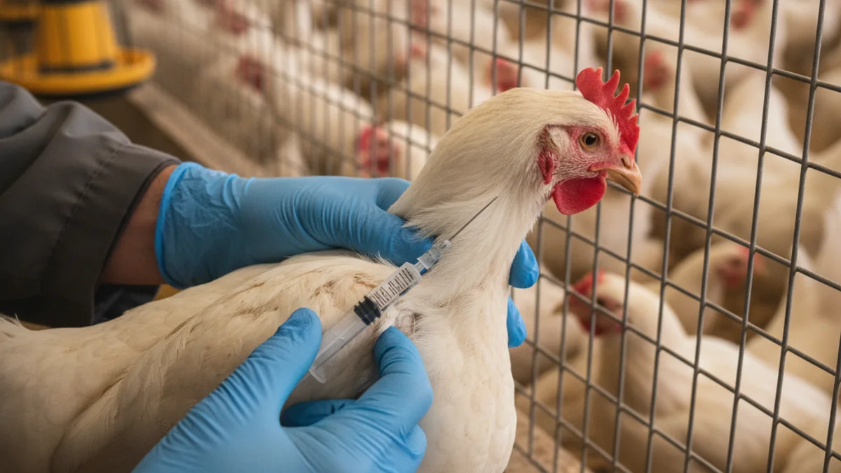 Imagen genérica de un trabajador administrando una vacuna a un ave en una granja avícola comercial.