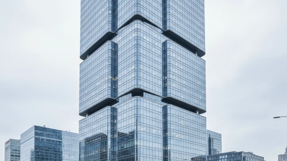 Vista exterior de un gran edificio de oficinas moderno y renovado en una zona urbana de Barcelona.