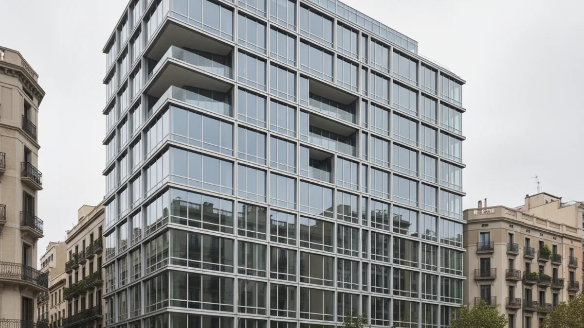 Vista genérica de un moderno edificio de oficinas en el Eixample de Barcelona, sin personas ni logotipos visibles.