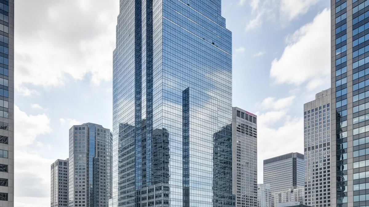 Vista genérica de un gran edificio de oficinas moderno en una ciudad, con fachada de vidrio.