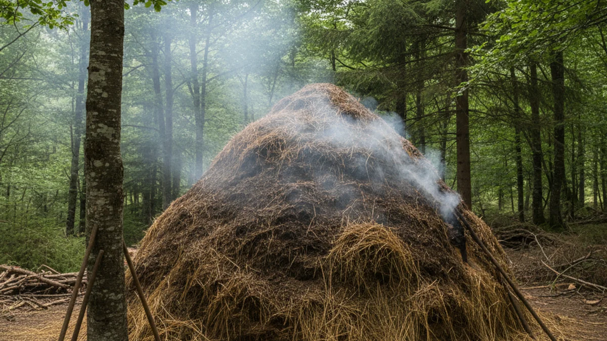 Imagen de una carbonera tradicional cubierta de tierra y paja en un bosque del Pirineo.